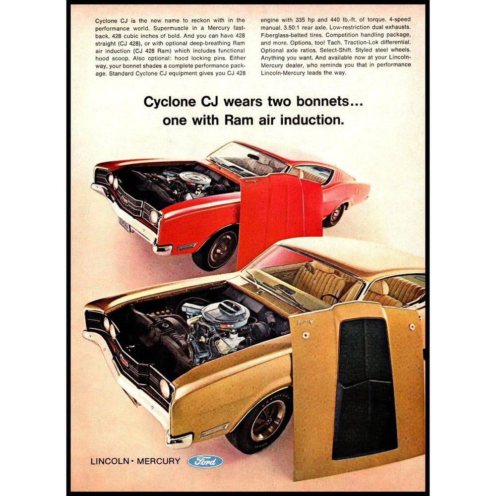 1969 Mercury Cyclone Coupe Ram Air Hood Vintage Print Ad Muscle Car Wall Art